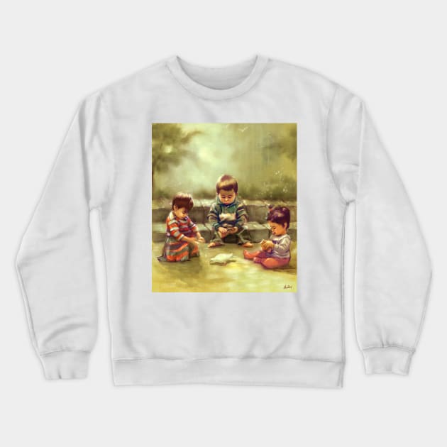 Three kids feeding a pidgeon Crewneck Sweatshirt by Artofokan